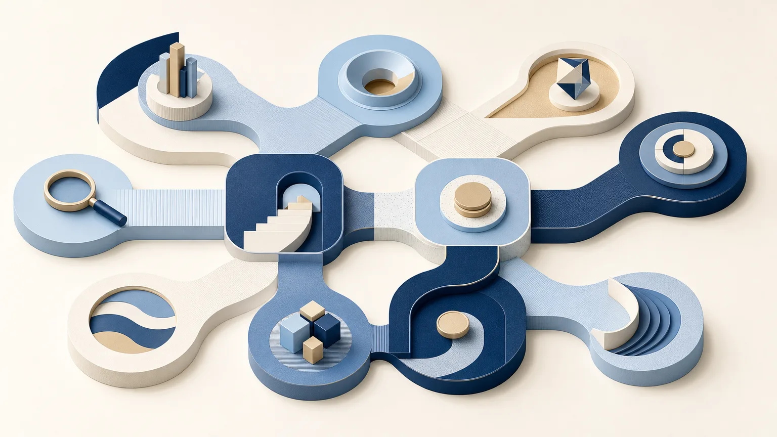 Abstract blue and neutral illustration representing interconnected AI applications for law firm client research, relationship intelligence and business development.
