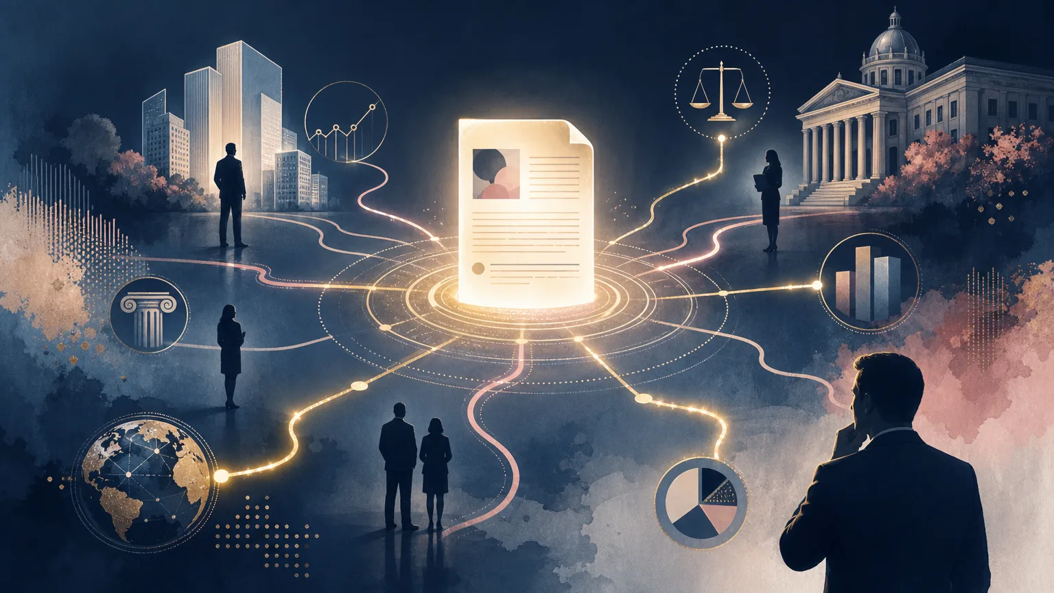 Editorial illustration of a company announcement creating a network of connections and opportunities, representing how law firms turn client and prospect news into business development activity.
