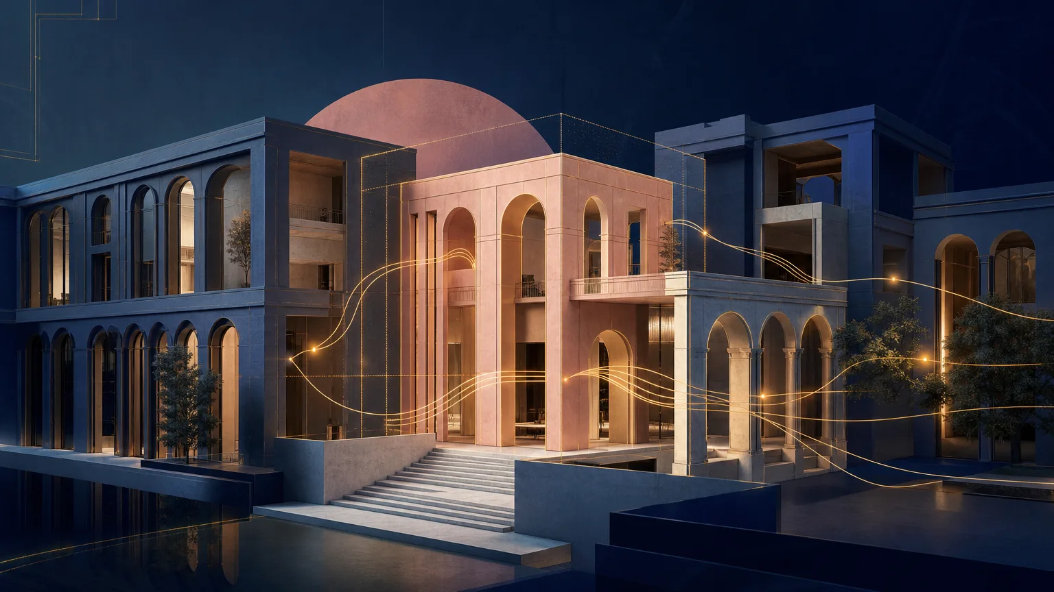 Editorial illustration of a new architectural element being integrated into an established structure, representing strategic lateral partner recruiting, collaboration and law firm growth.