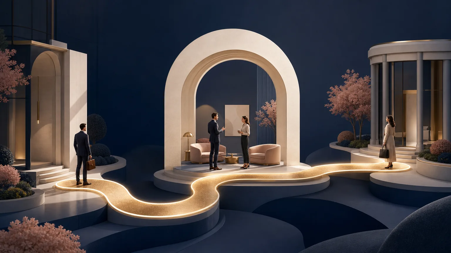 A lawyer discovers a connection to a prospective client through a colleague, illustrated by a golden pathway linking three professionals.
