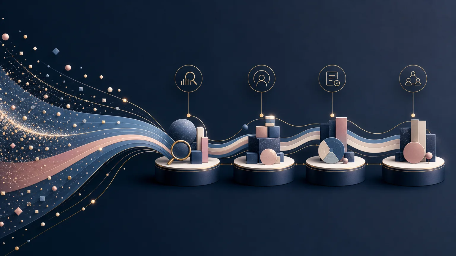 Editorial illustration of information flowing through an organized business development workflow, representing practical adoption of company intelligence at law firms.