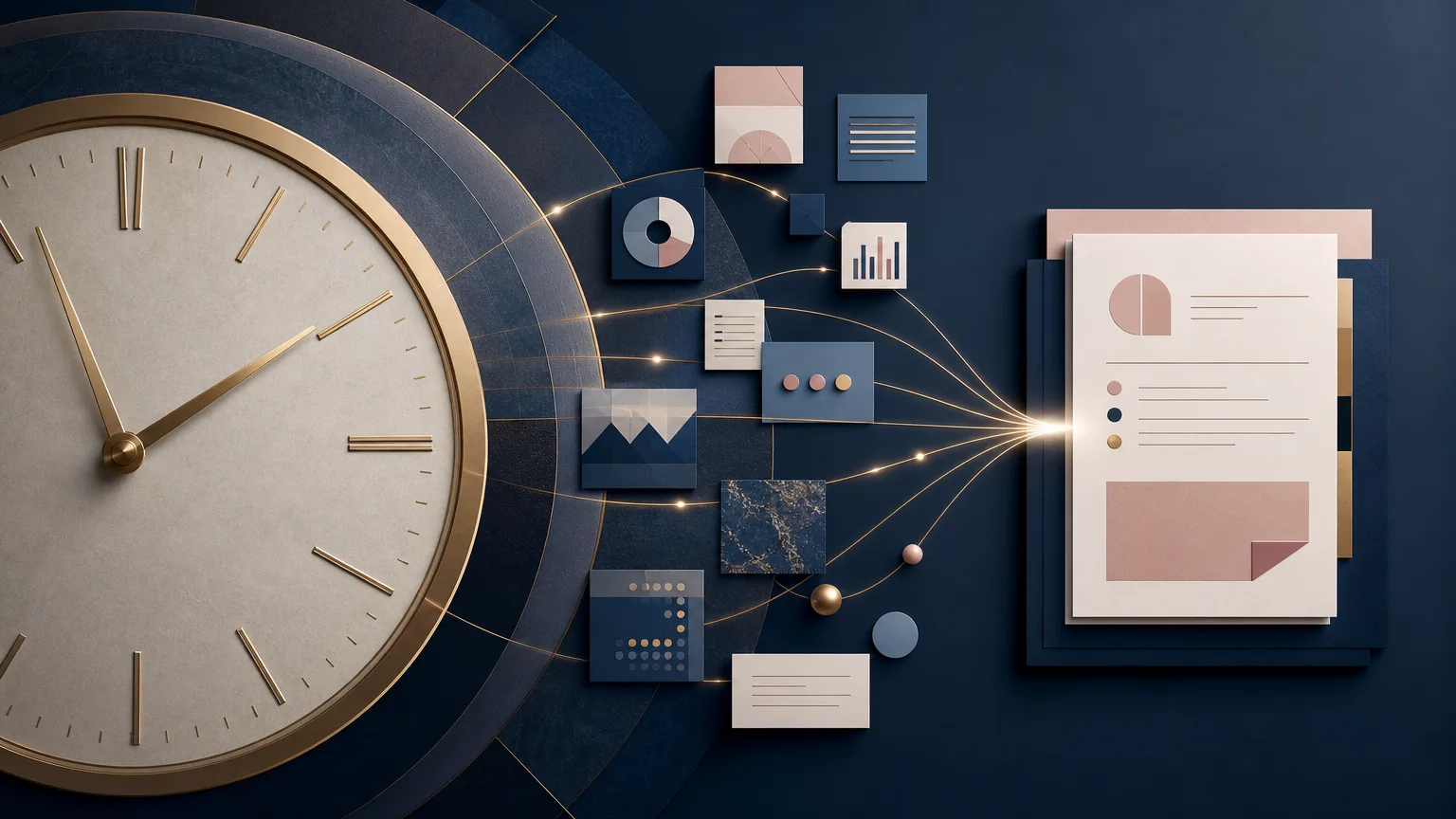 Editorial illustration of a clock and organized company research converging into a concise briefing document, representing time-sensitive client meeting preparation for lawyers.