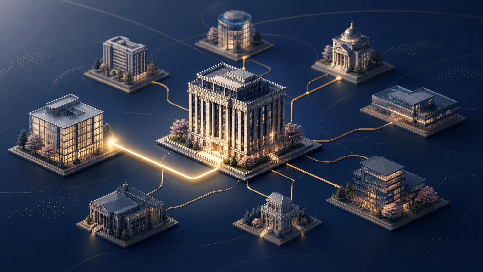 Editorial illustration of an established corporate relationship expanding through illuminated connections to additional buildings, representing law firm cross-selling and client growth.