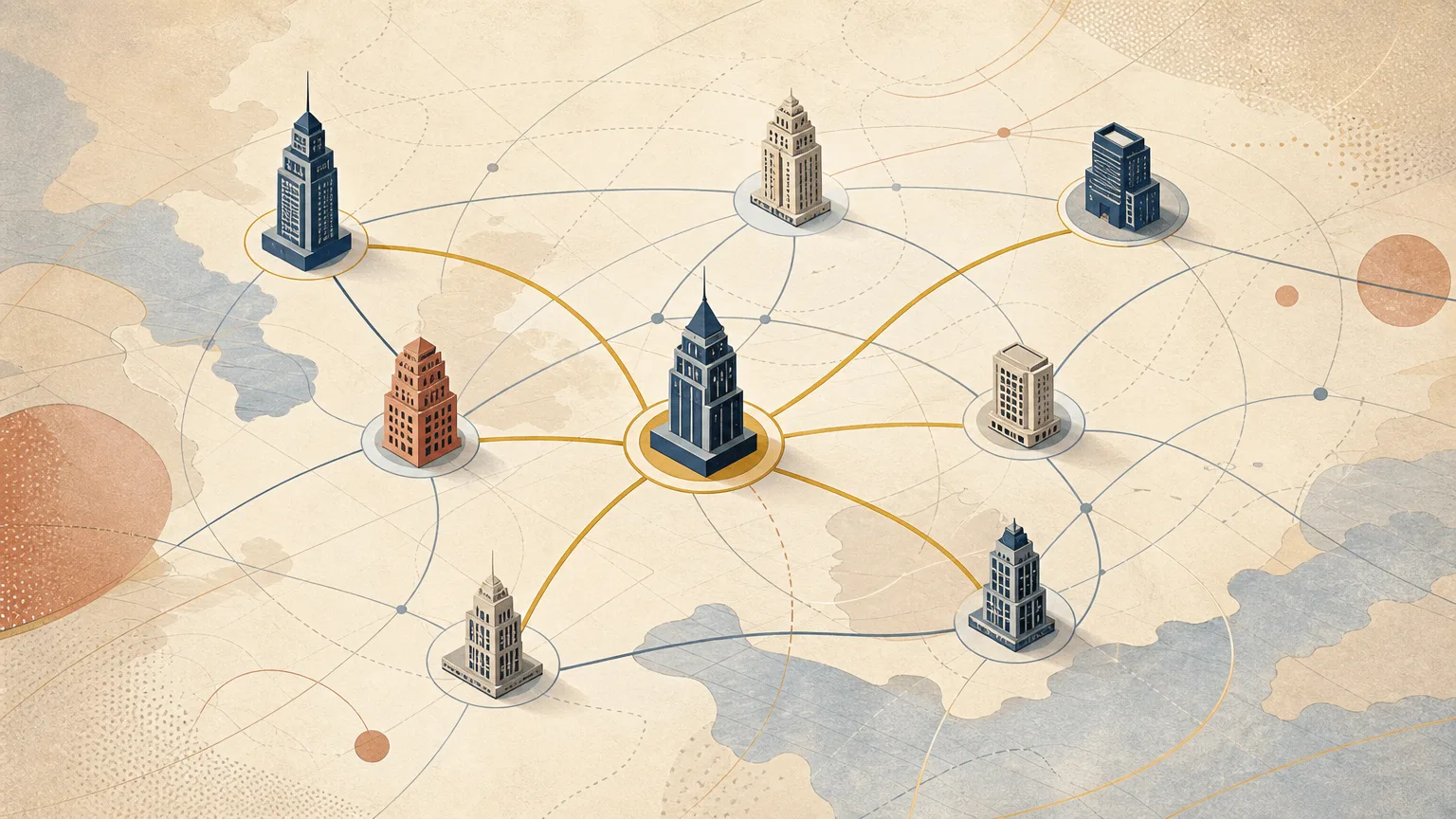 Editorial illustration of connected client and prospect relationships with highlighted business development opportunities in Gatsby's navy, cream and gold palette.