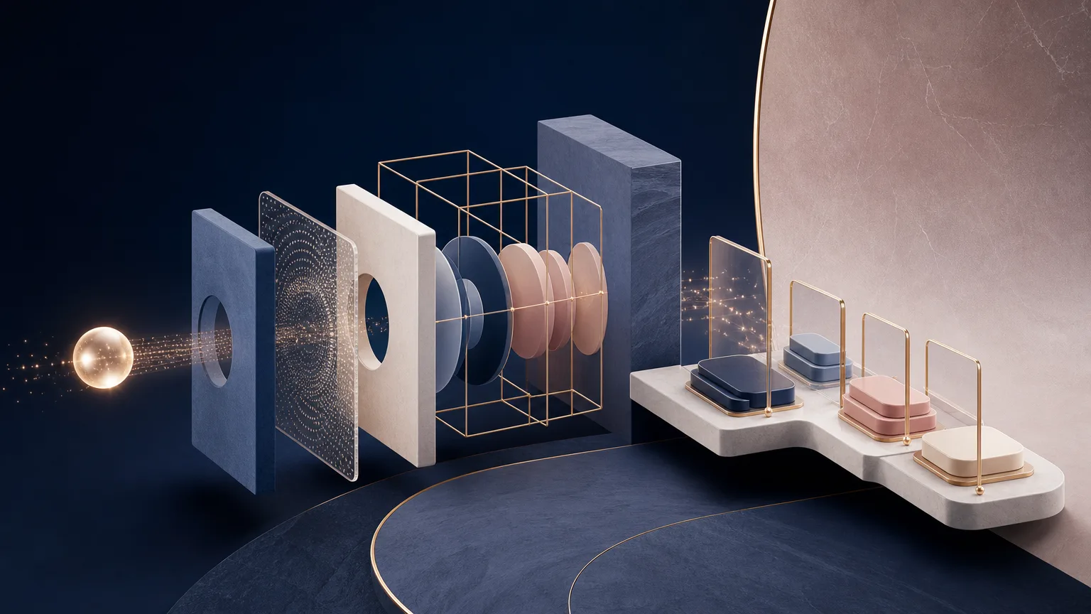 Abstract editorial illustration showing business intelligence moving through a coordinated process and emerging as actionable business development steps.