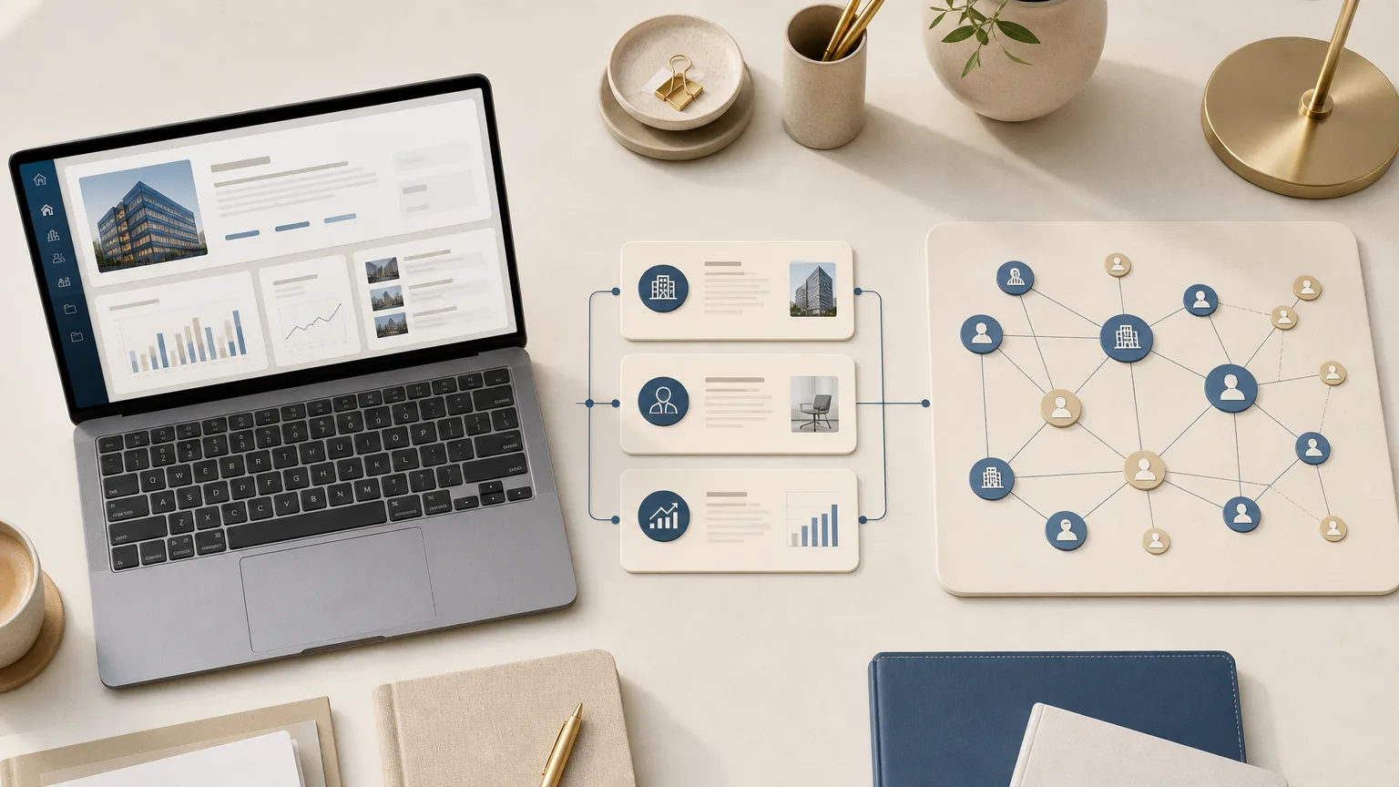 Modern professional workspace illustrating how law firms use company research, executive intelligence and relationship insights to identify business development opportunities.