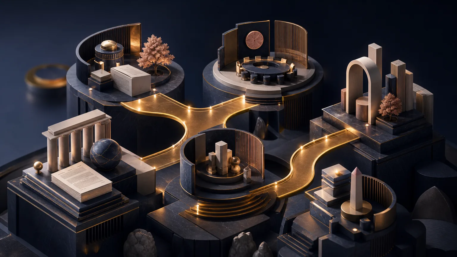 Gatsby-style illustration of glowing pathways connecting company research, client intelligence and business development activities across a dimensional landscape.