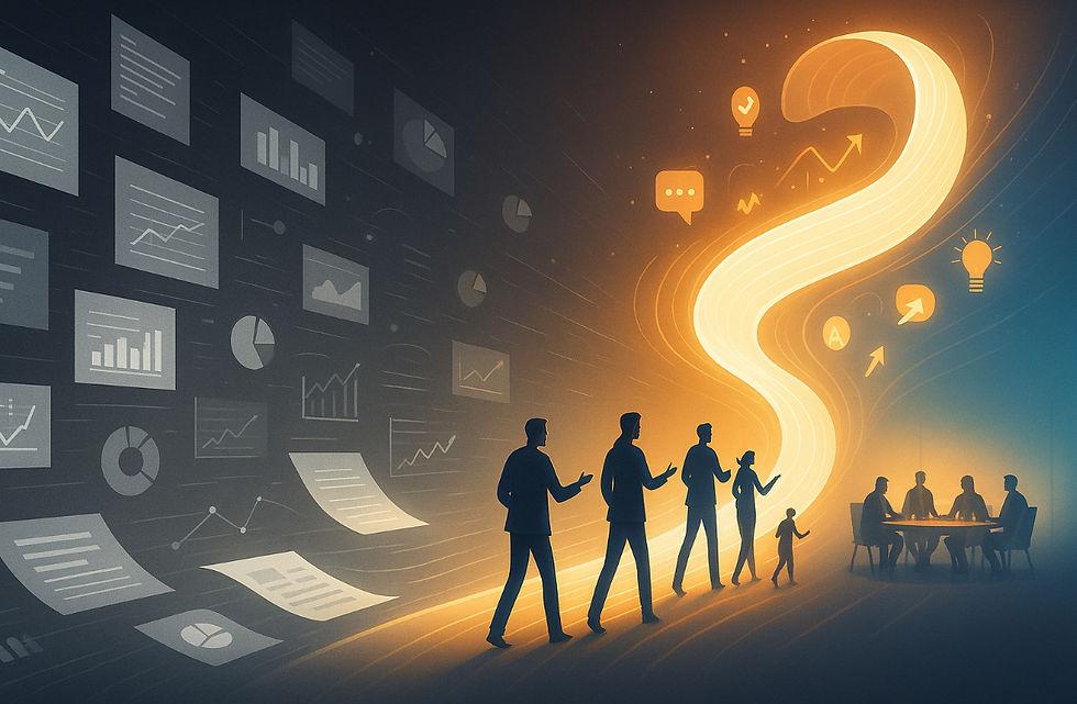 Editorial illustration showing information signals moving through a central decision point toward a corporate building, representing the process of turning law firm business development intelligence into action.