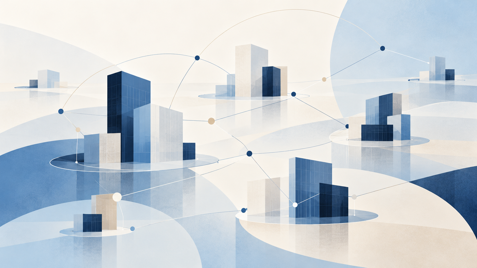 Abstract blue-toned illustration showing connected client information, relationship networks and business data representing client intelligence for law firms.