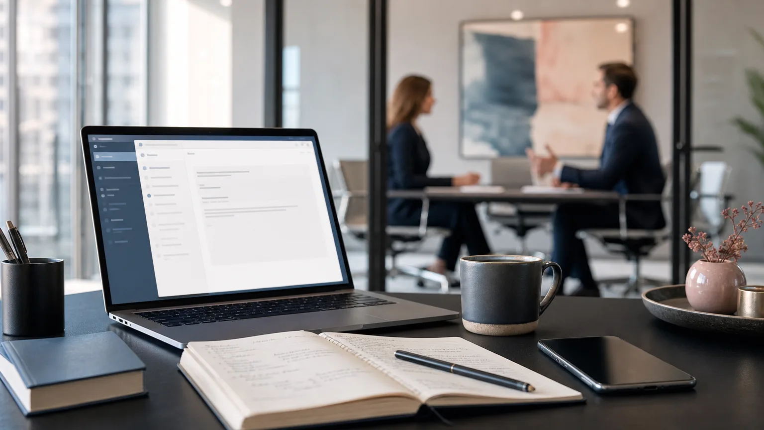 A laptop, notebook and smartphone on a modern law firm office desk with business professionals meeting in the background, illustrating client meeting follow-up and relationship building.