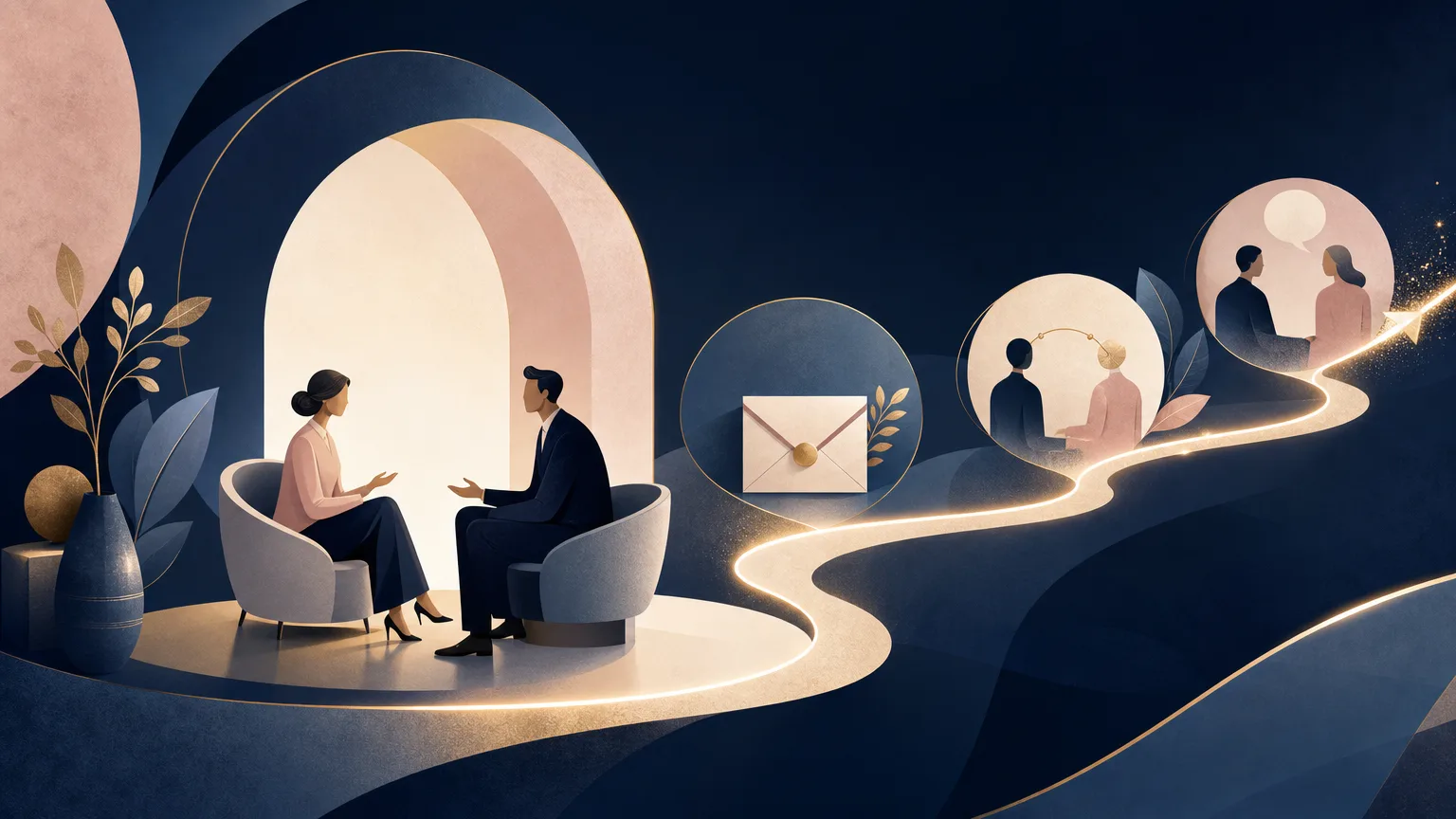 Editorial illustration showing a professional conversation connected to follow-up messages, introductions and subsequent meetings, representing relationship development in law firm business development.