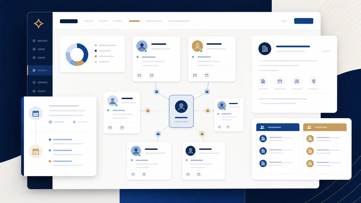 Legal business development intelligence dashboard illustrating conference contacts, professional relationships and follow-up opportunities for law firms