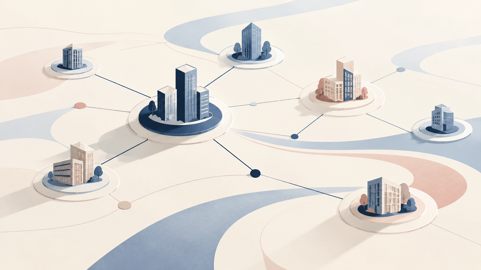 Abstract blue network of connected companies and leadership transitions illustrating executive intelligence and business development opportunities for law firms.