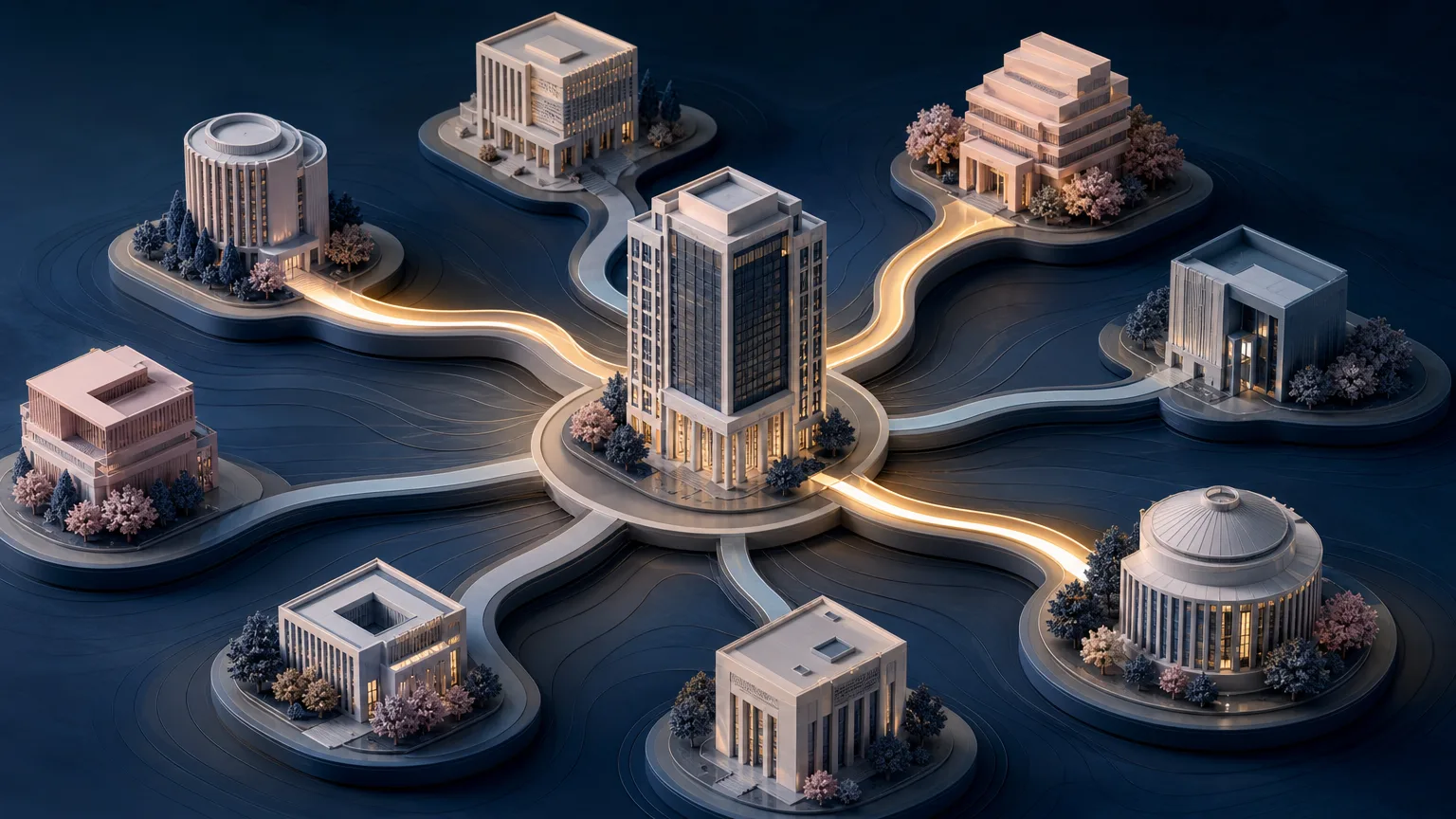 Editorial illustration of a central company connected to several branching pathways and buildings, representing how law firms identify cross-selling opportunities across legal practices.