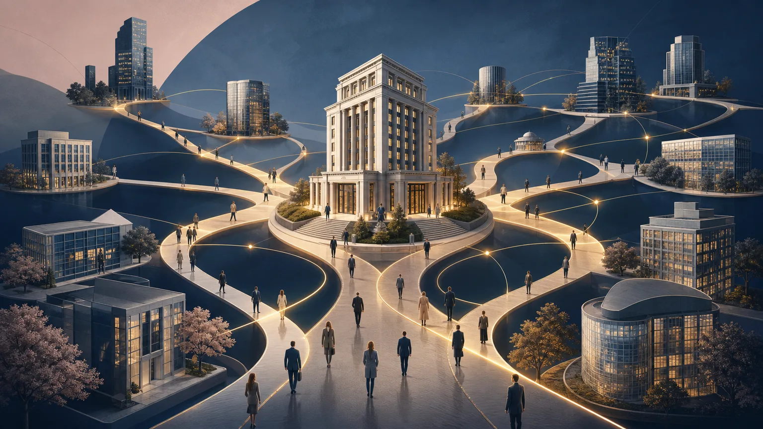 Editorial illustration of a central law firm connected by illuminated pathways to companies and former lawyers, representing alumni relationships and business development opportunities.