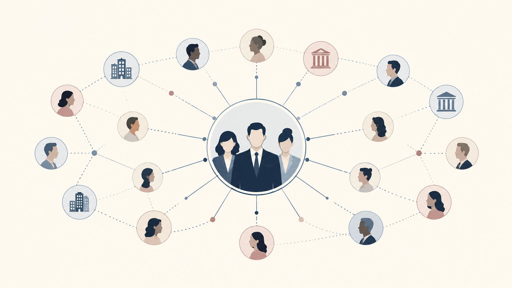 Illustration of a small business development team connected to a larger network of clients and prospects, representing relationship management and growth strategies for midsize law firms.