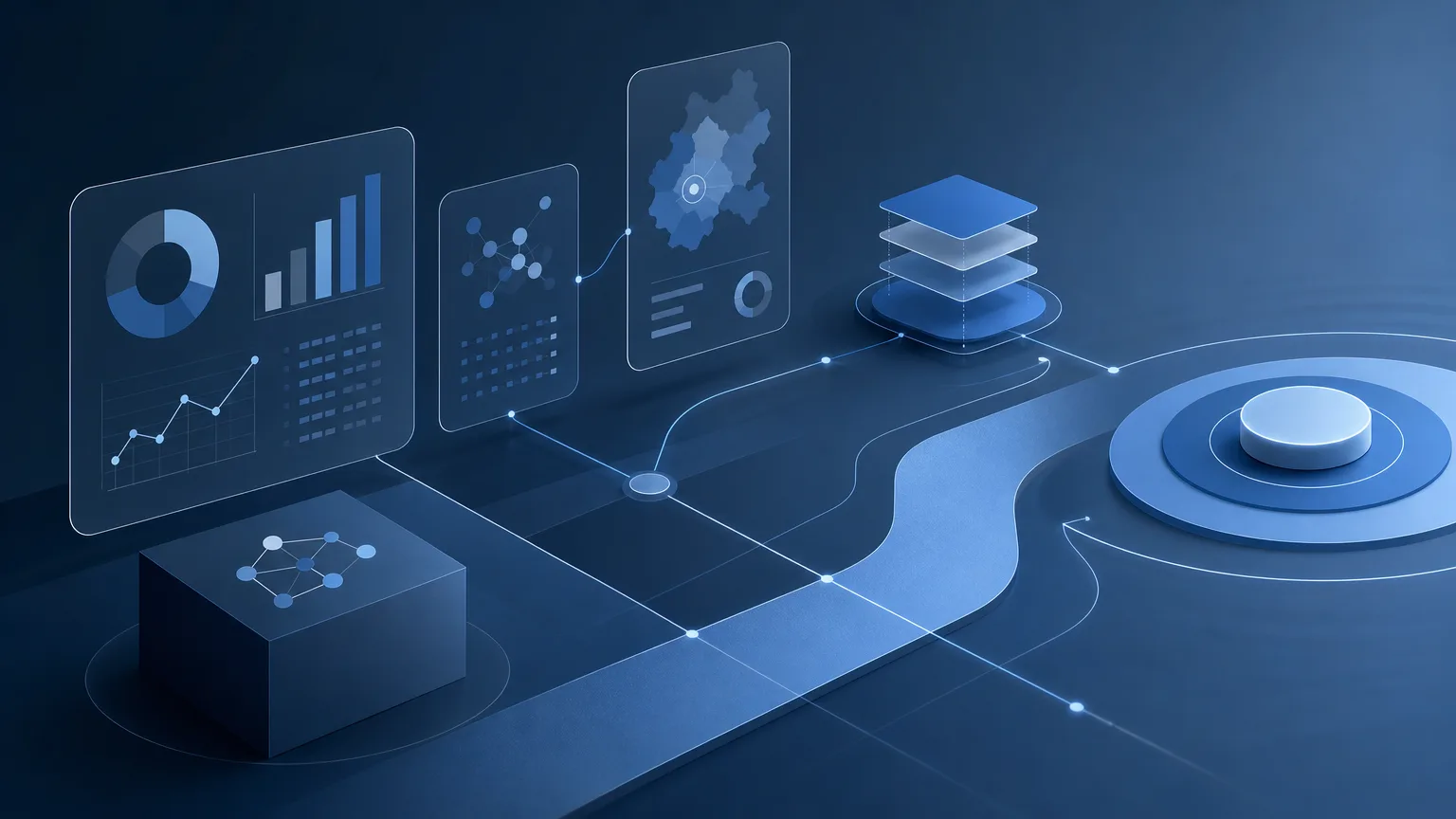 Abstract blue business intelligence network illustrating how midsize law firms can use AI to improve client research, prospecting and business development.