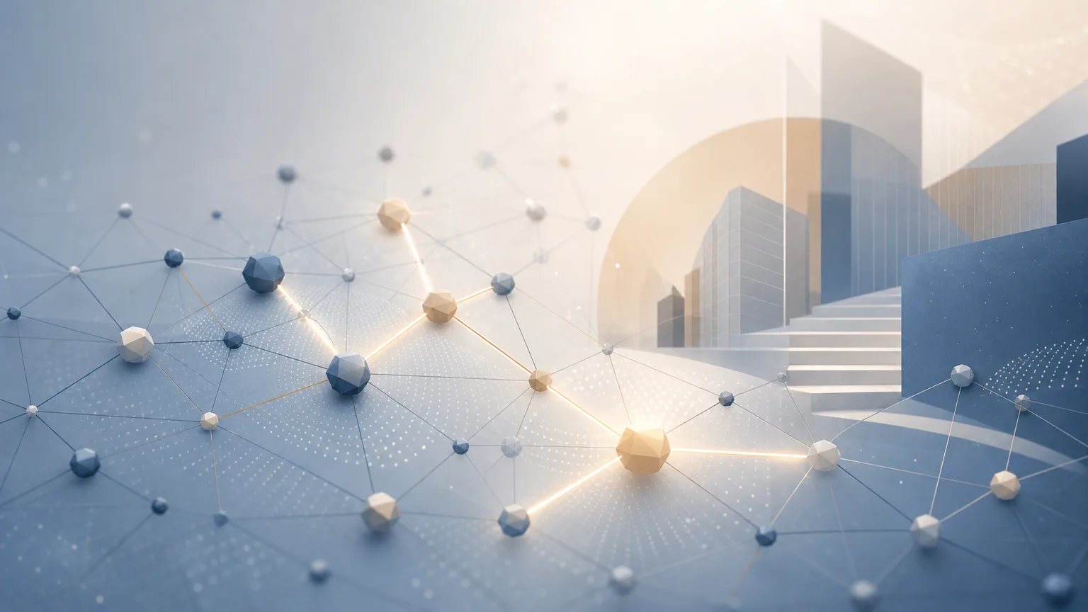 Abstract network of connected blue and neutral geometric shapes representing client intelligence, relationships and business development opportunities for small and midsize law firms.