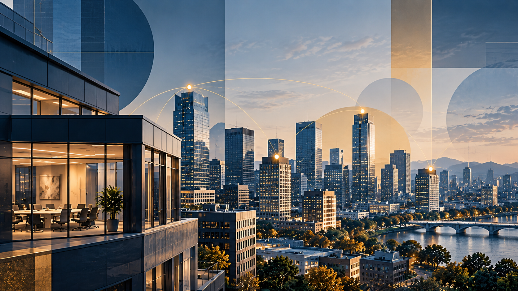 Modern city skyline with glass office buildings, subtle gold connections and layered blue and gold geometric elements representing competitive intelligence and business opportunities for law firms.