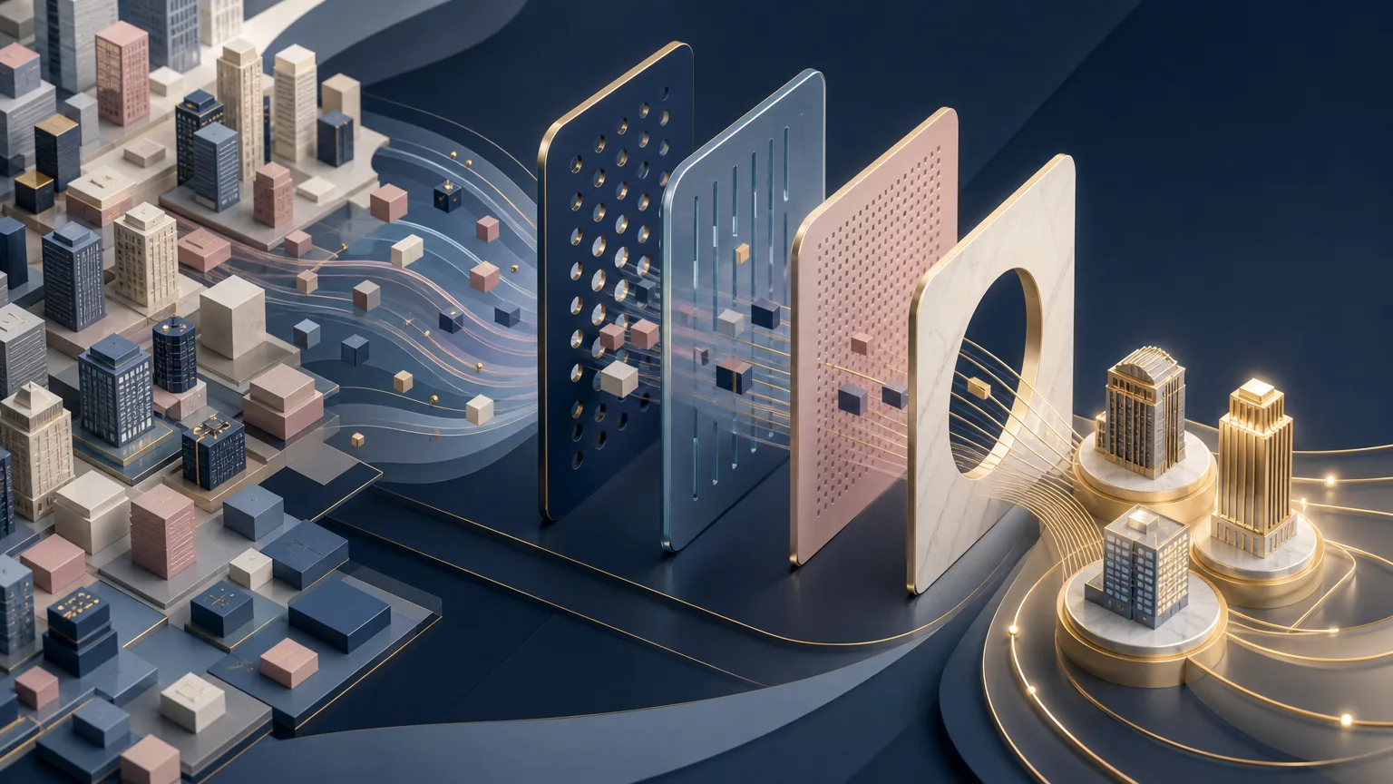Editorial illustration showing a large collection of companies being narrowed into a focused group of priority prospects, representing strategic prospect targeting for law firms.