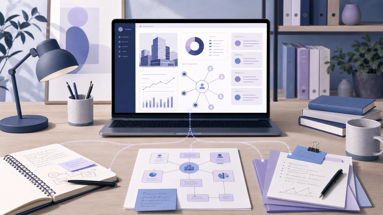 Illustration of company research and client intelligence supporting lawyer business development activities.