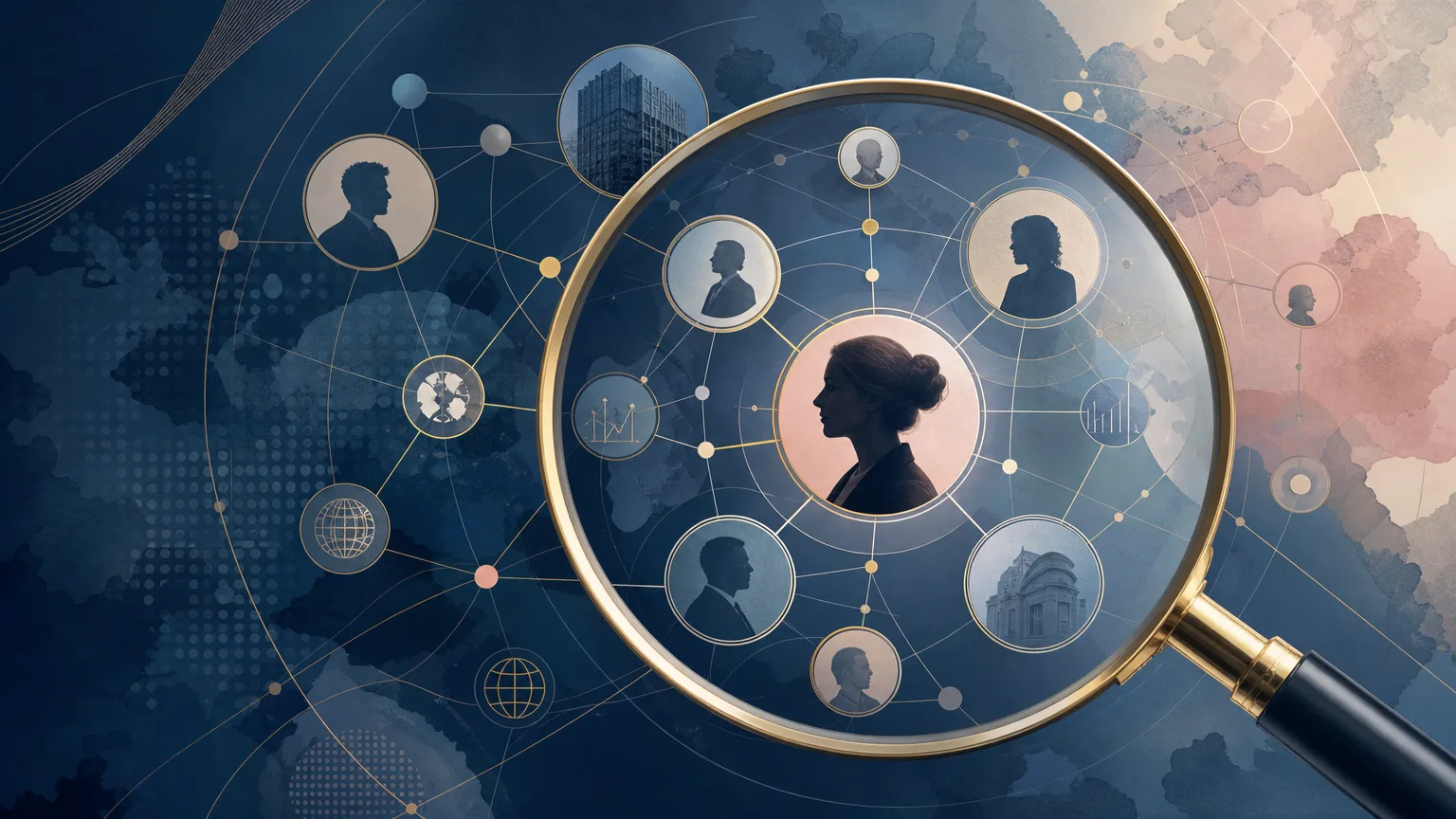 An illustrated magnifying glass reveals interconnected professional profiles and relationship pathways, representing how law firms research clients, identify shared connections and prepare for important meetings.