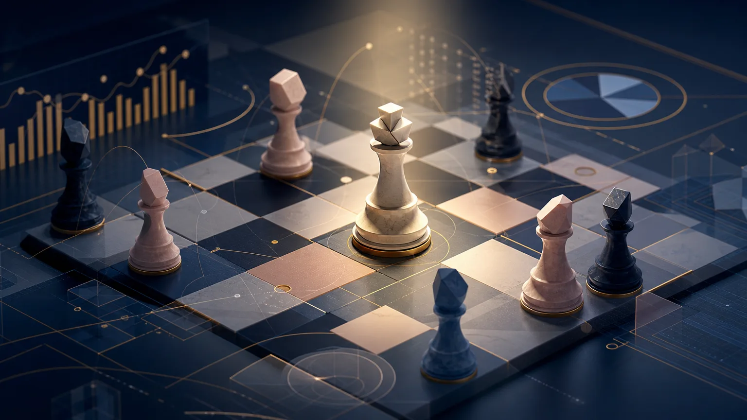 Editorial illustration of an illuminated chess piece on a strategic chessboard, representing how law firms use competitive intelligence to differentiate their experience and prepare stronger pitches.