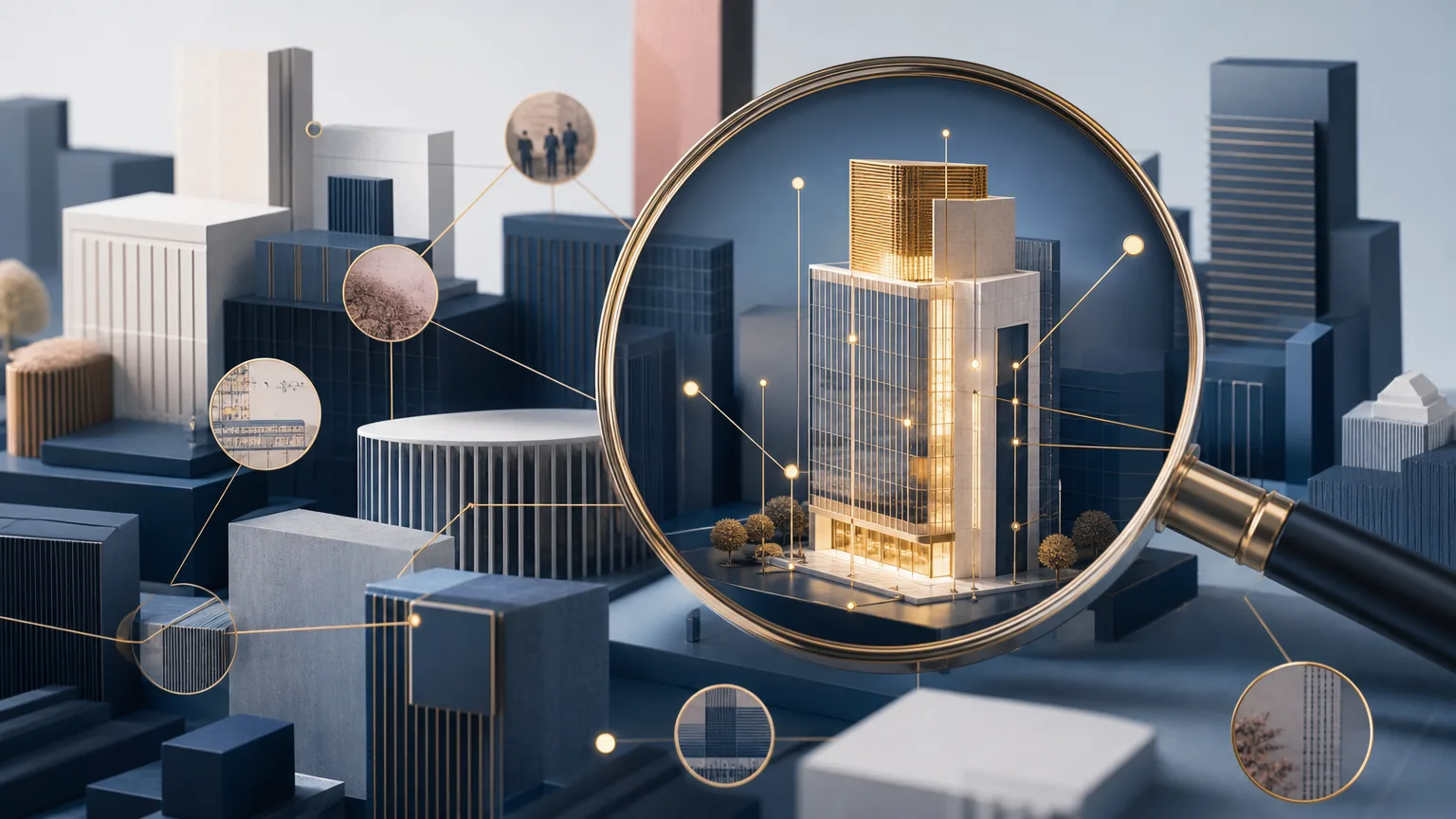 Editorial illustration of a magnifying glass focusing on a corporate building, representing targeted prospect research and company intelligence for law firm business development.