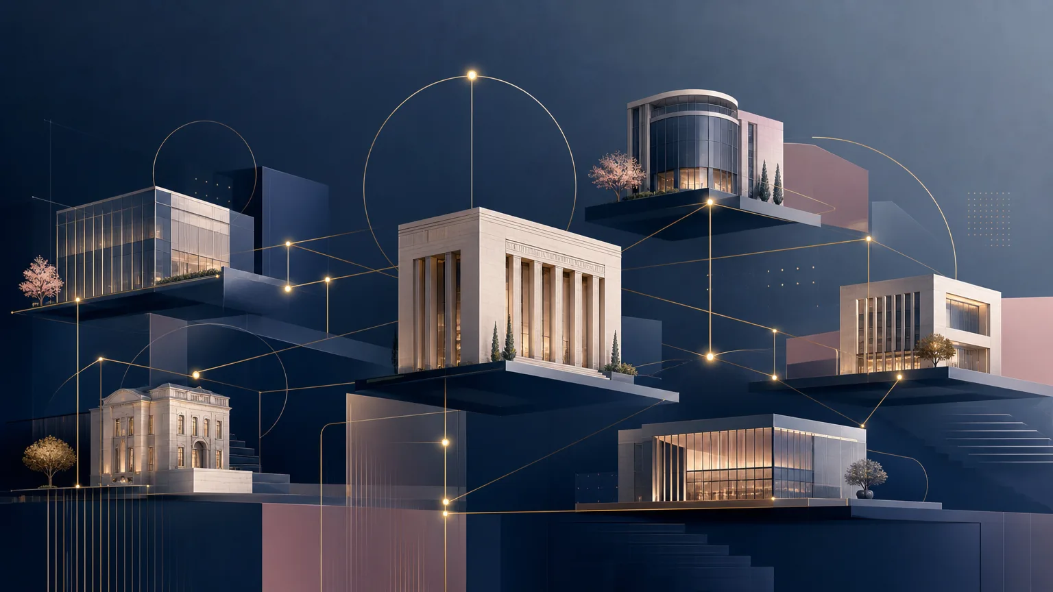 Abstract network of interconnected architectural structures representing professional relationships, institutional knowledge and client development within a law firm.