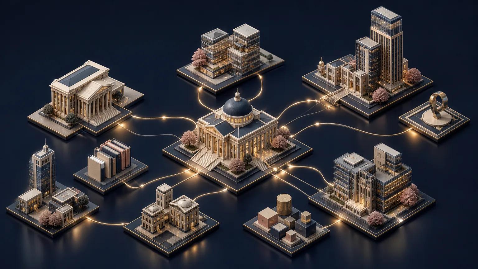 Separate groups of miniature buildings connected by glowing gold pathways, representing how law firms bring scattered data together to uncover useful intelligence.