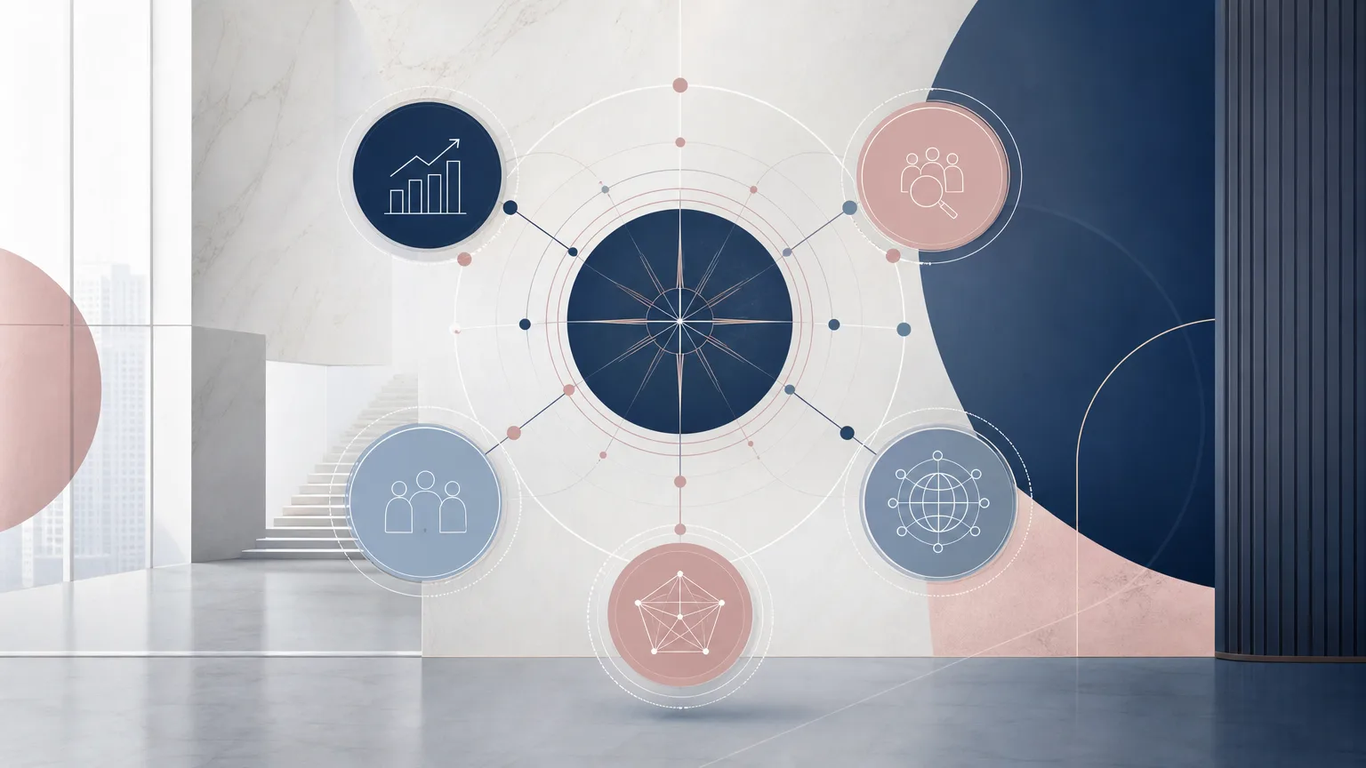 An interconnected network of blue and blush pink nodes converges around a central hub, illustrating how chief growth officers coordinate business development, lateral recruiting, client relationships and strategic planning to support law firm growth.