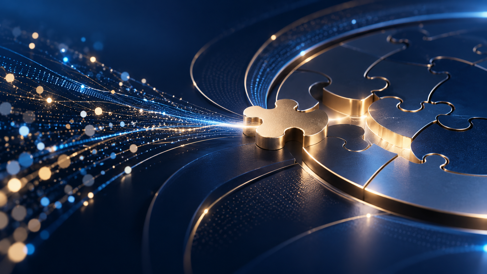 Abstract blue and gold illustration of a puzzle piece joining an interconnected system, representing lateral partner integration and new business opportunities.