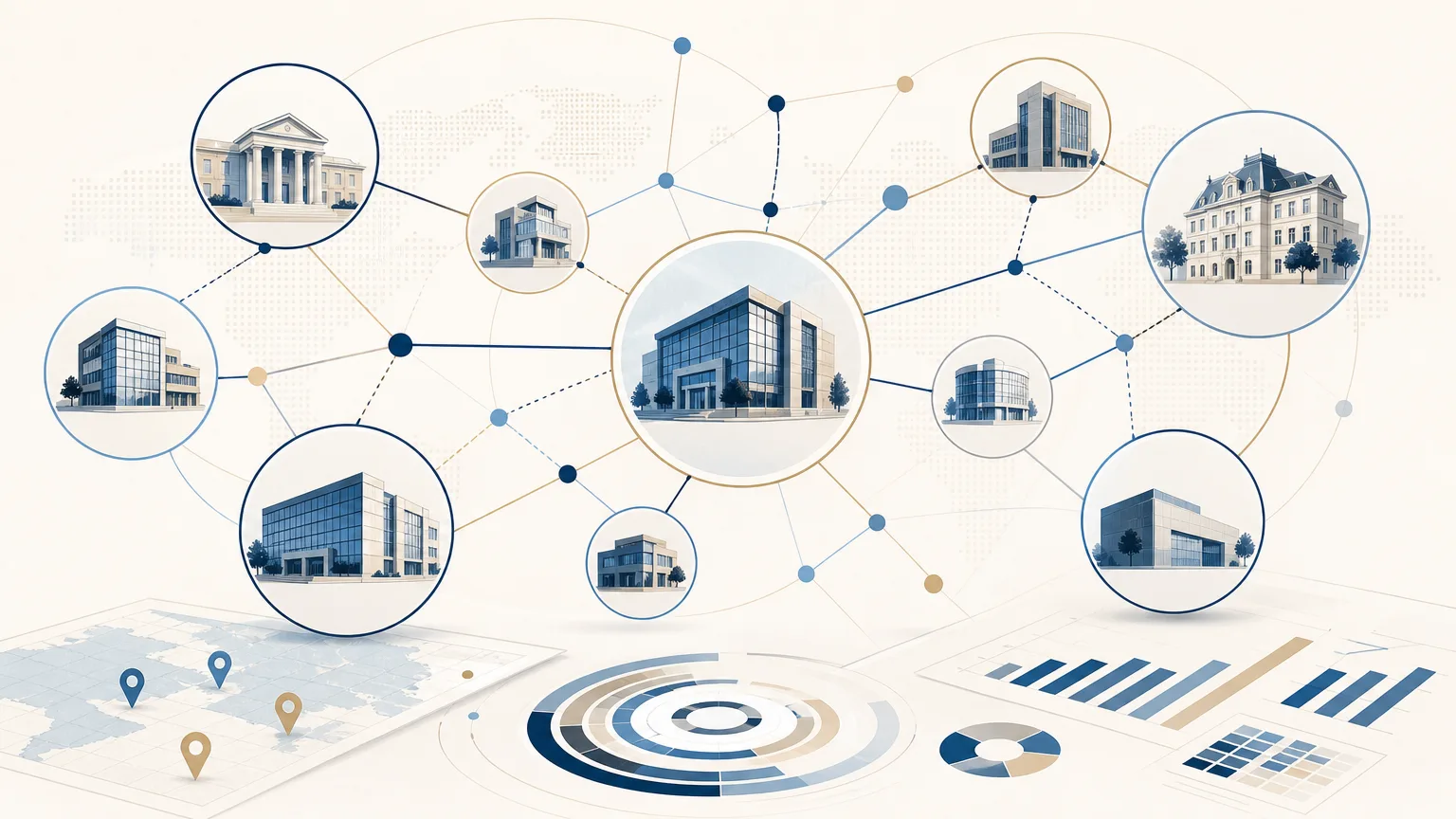 Blue and neutral illustration showing connected client relationships, business information and opportunities for law firm growth.