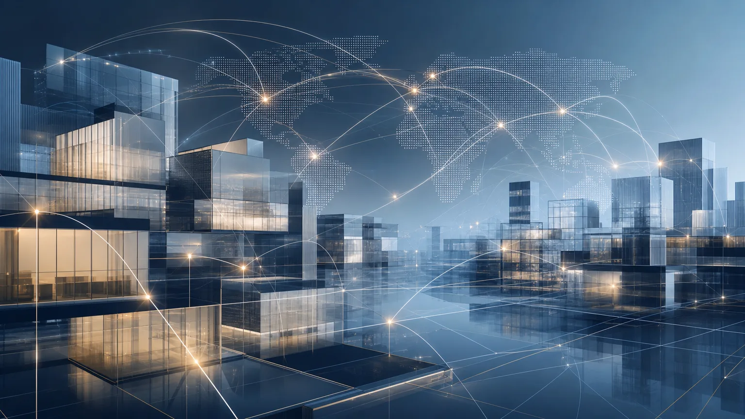 Abstract blue cityscape connected by illuminated networks representing firmwide client intelligence and business development collaboration across large law firms.