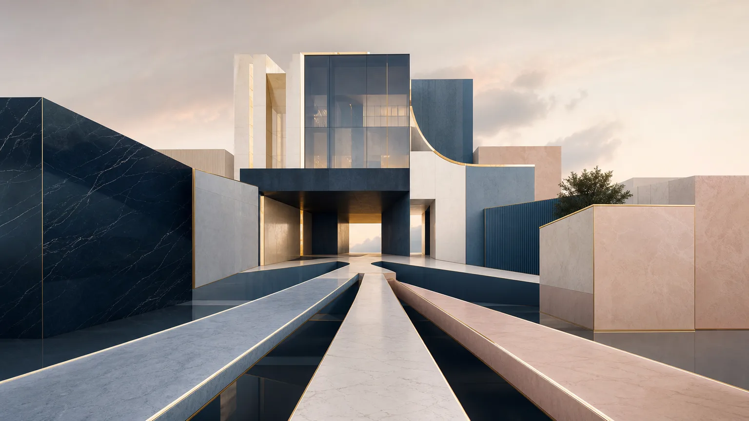 Abstract architectural pathways connecting within a modern structure, representing strategic lateral recruiting, partner integration and law firm growth.