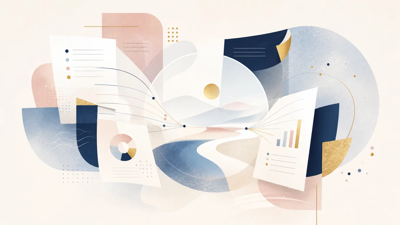 Abstract illustration showing business and relationship information coming together to reveal useful connections for law firm business development.
