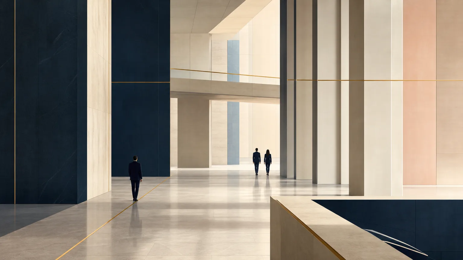 Distant professional figures in a contemporary setting representing continuity of an important client relationship as responsibility transitions between law firm partners.