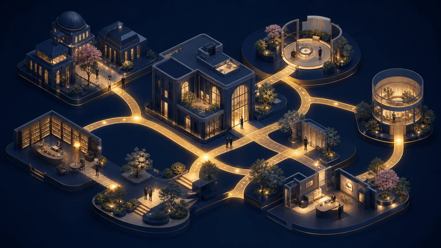 Connected law firm offices and professional networks illustrating relationship intelligence across lawyers, clients and prospects.