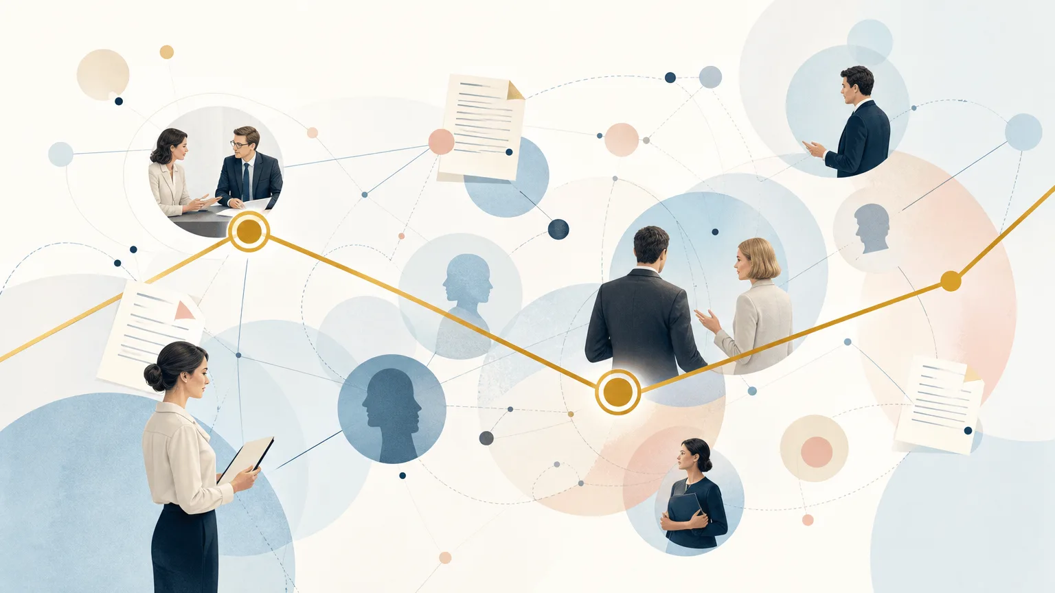 Illustration of people, information and connections representing relationships across a law firm.