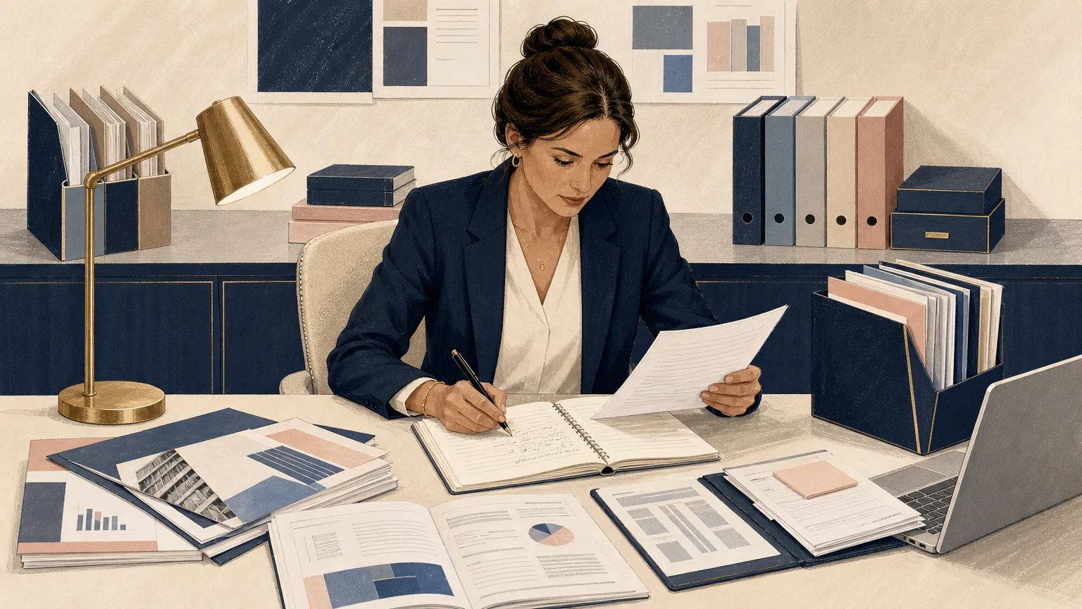Law firm business development professional researching a company using multiple reports, documents and digital sources, illustrating the manual nature of business development research.