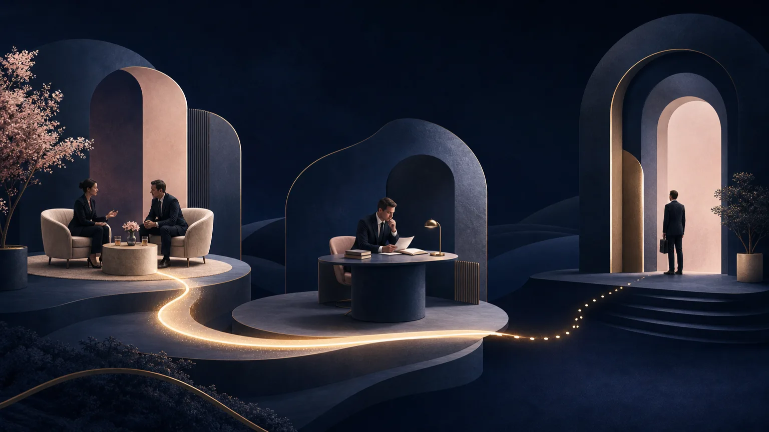 An illuminated pathway connecting professional conversations stops before reaching a prospective client, illustrating a missed business development follow-up opportunity.