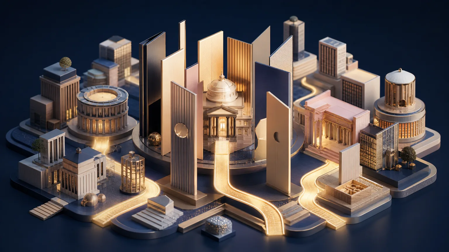 Miniature architectural city with illuminated gold pathways revealing a route through complex law firm business development information.