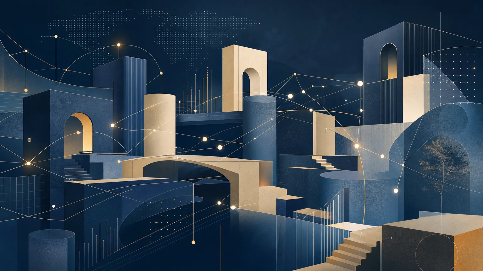 Abstract blue business network illustrating how midsize law firms use AI-powered client intelligence to identify opportunities and strengthen client relationships.