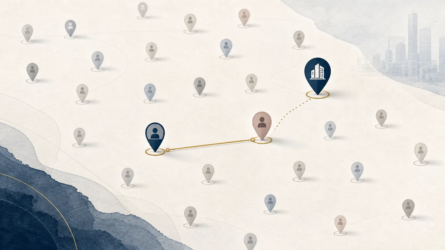 Editorial illustration highlighting a specific relationship between a law firm contact and a prospect, representing how firms can identify and act on existing connections.