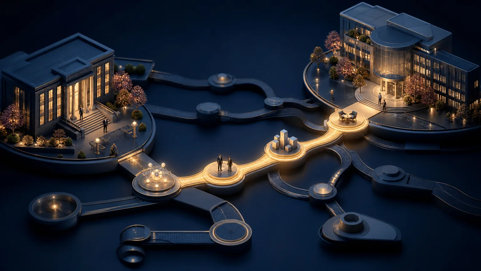 Illuminated pathways connecting a law firm to a prospective company, representing the process of turning relationship intelligence into a business development opportunity.