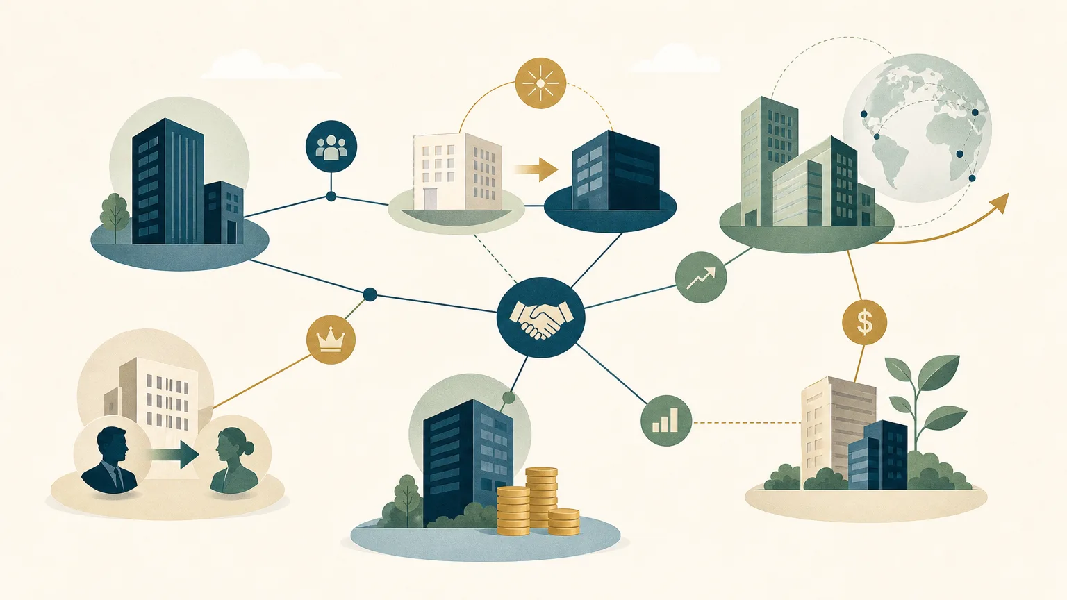 Abstract illustration of interconnected companies with indicators representing acquisitions, leadership changes and investment activity, illustrating how law firms can identify business development opportunities.