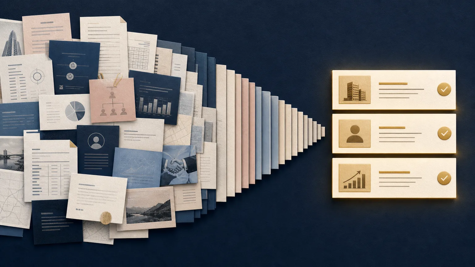 Editorial illustration showing a large volume of prospect information being narrowed into a focused set of relevant business development insights for law firms.